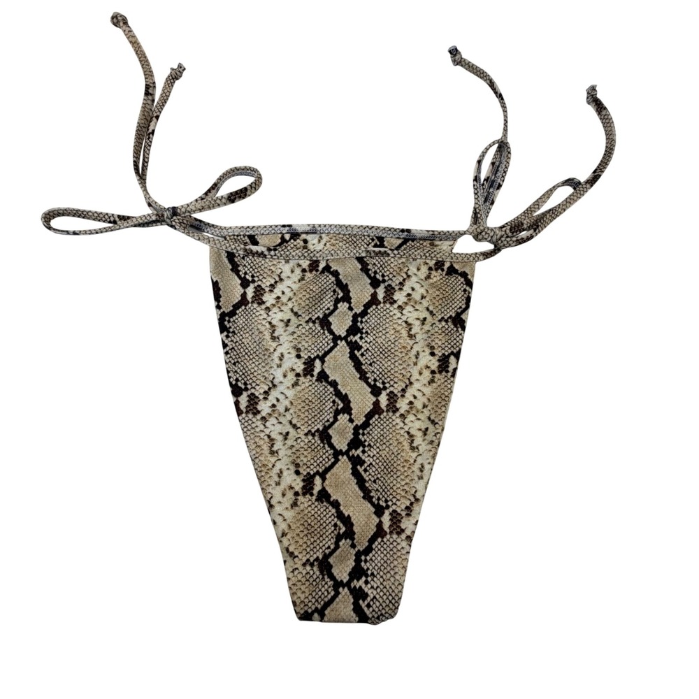 Nasty Gal Snakeskin Print Side Tie Bikini Bottom Brown Tan High Cut Thong Size 4